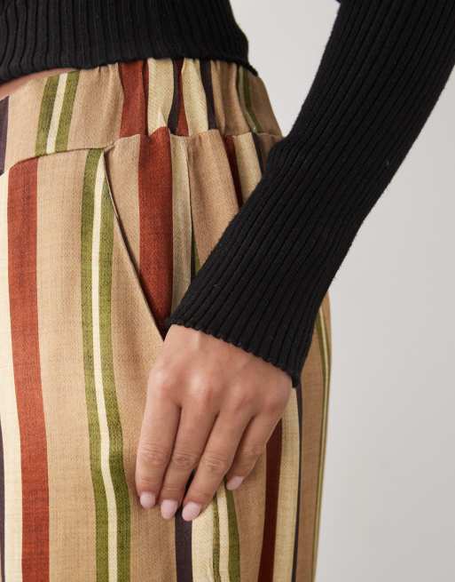 Reclaimed Vintage wide leg pull-on pants in brown and green satin stripe, 5 of 5
