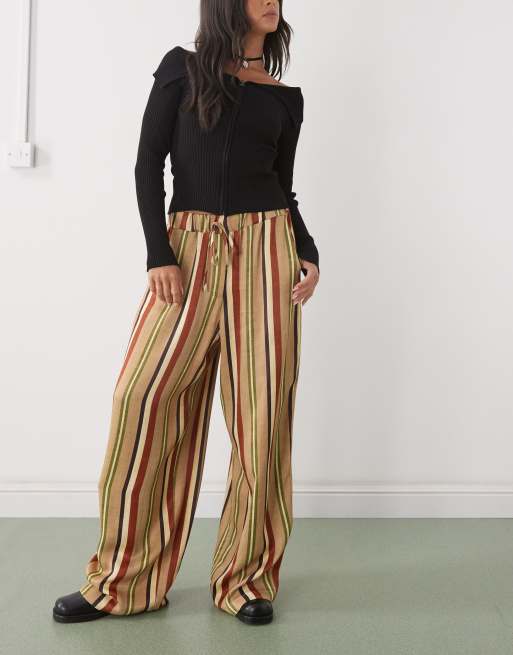 Reclaimed Vintage wide leg pull on trouser in brown and green satin feel stripe