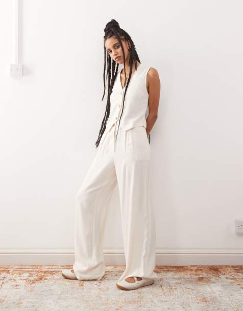 Reclaimed Vintage wide leg relaxed linen blend trouser in neutral