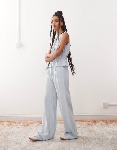 Reclaimed Vintage wide leg relaxed linen blend trouser in power blue - view 1