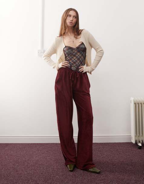 Reclaimed Vintage wide leg ribbed pants in burgundy - view 1