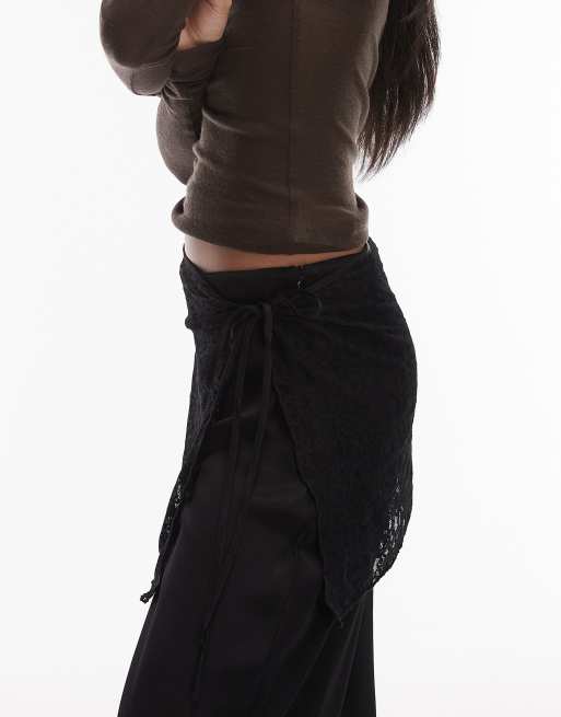 Reclaimed Vintage wide leg satin pants with lace belt overlay in black, 4 of 5
