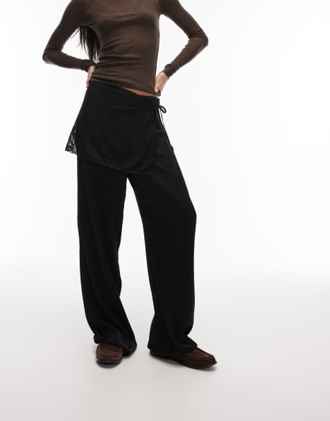Reclaimed Vintage wide leg satin trousers with lace belt overlay in black