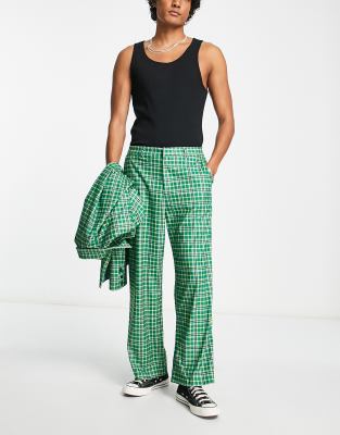 Reclaimed Vintage wide leg suit pants in green check (part of a set)
