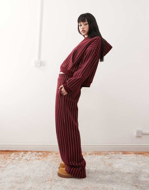 Reclaimed Vintage wide leg sweatpants in burgundy stripe, 2 of 5