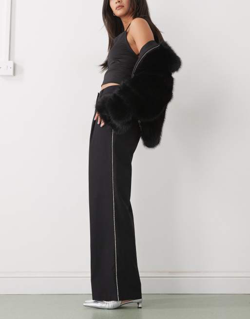 Reclaimed Vintage wide leg tailored pants in black with rhinestone side stripes