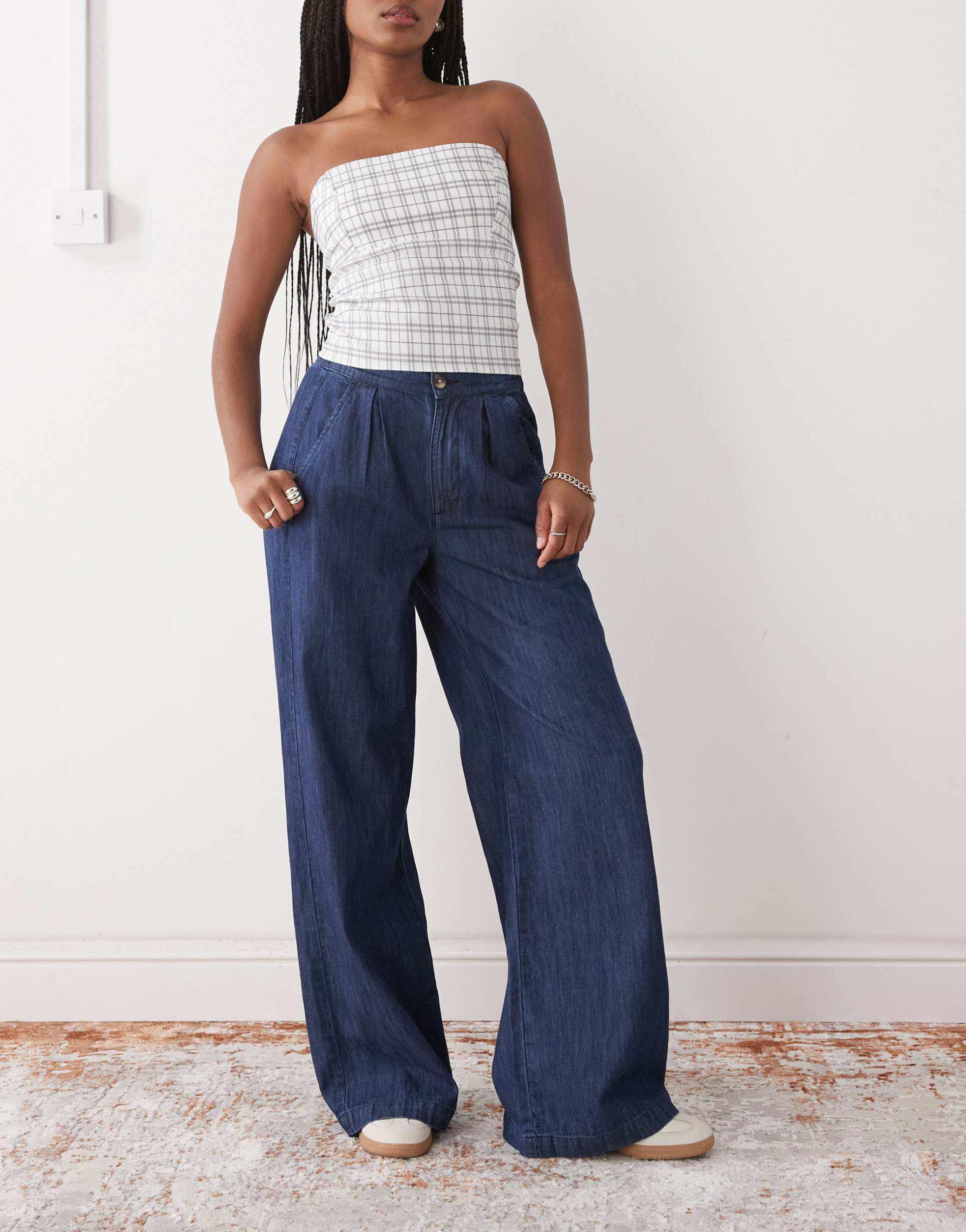 reclaimed vintage wide leg tailored pants in chambray denim