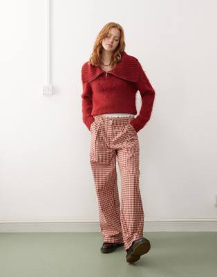 wide leg tailored pants in red plaid-Multi