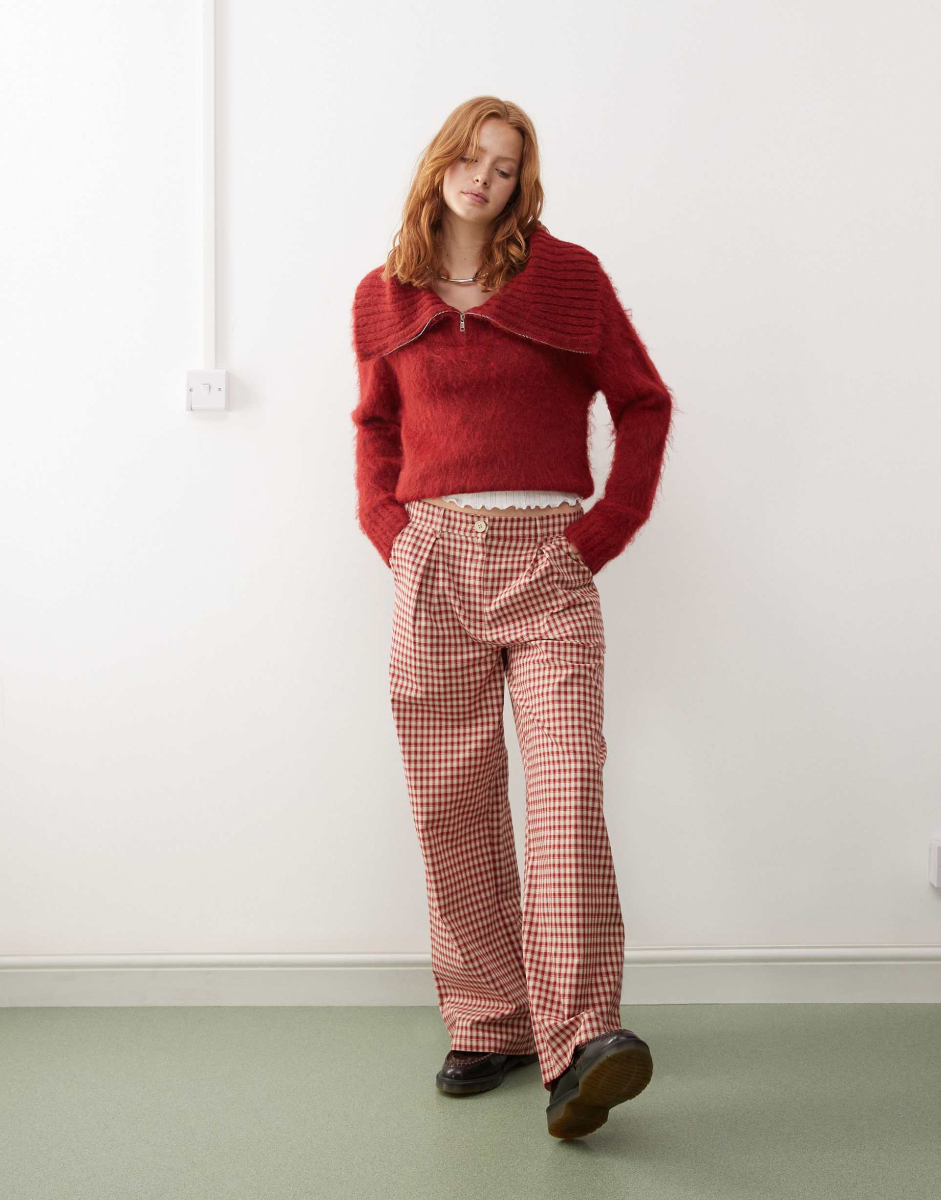 reclaimed vintage wide leg tailored pants in red plaid