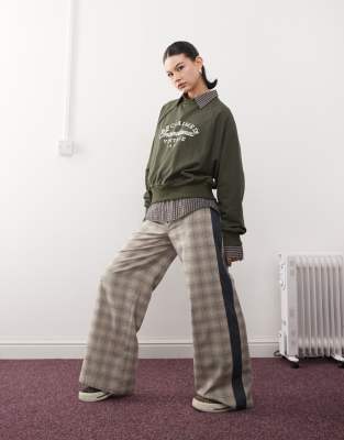 wide leg tailored pants with contrast panels in neutral check-Multi