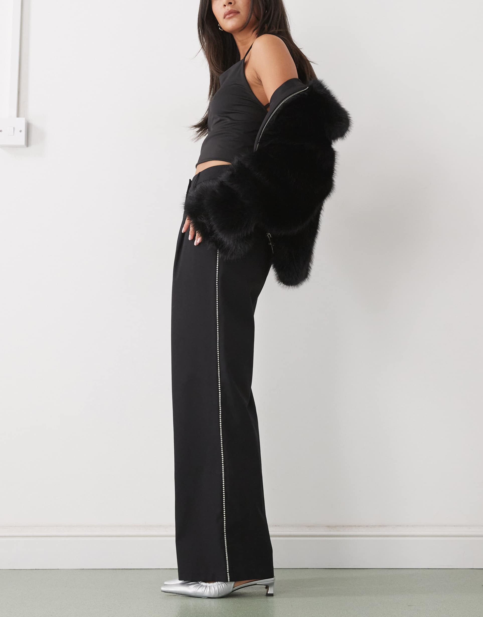 reclaimed vintage wide leg tailored pants with rhinestone side detailing in black