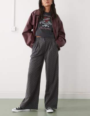 Reclaimed Vintage Wide Leg Tailored Pinstripe Pants With Velvet Hearts-black In Gray