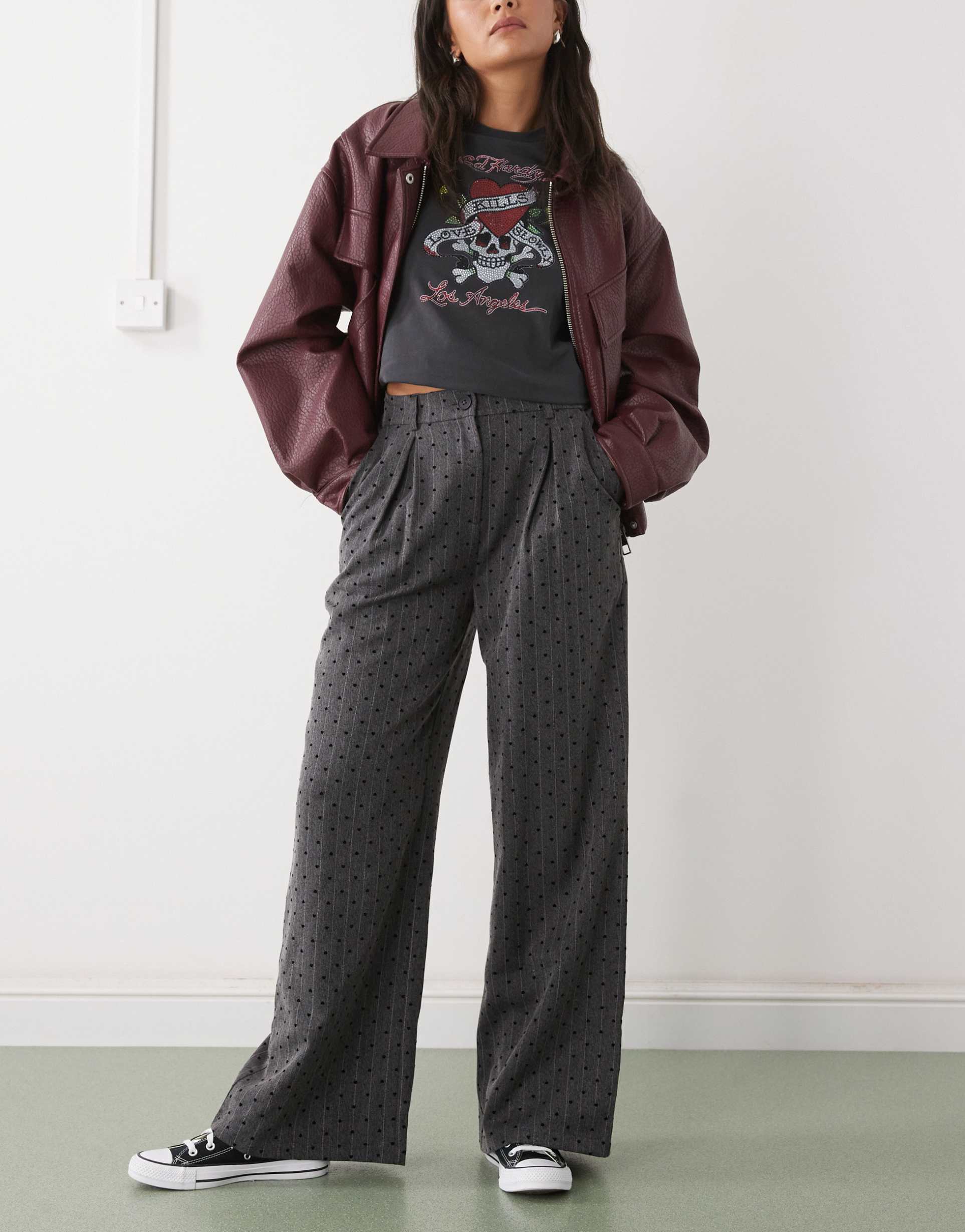 reclaimed vintage wide leg tailored pinstripe pants with velvet hearts