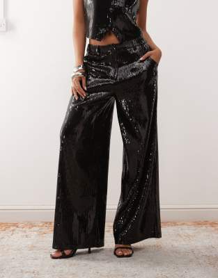 Reclaimed Vintage Wide Leg Tailored Sequin Pants In Red