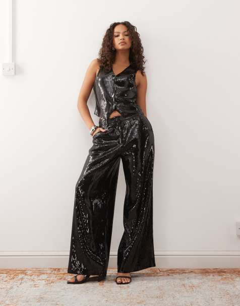 Reclaimed Vintage wide leg tailored sequin trouser co-ord in black