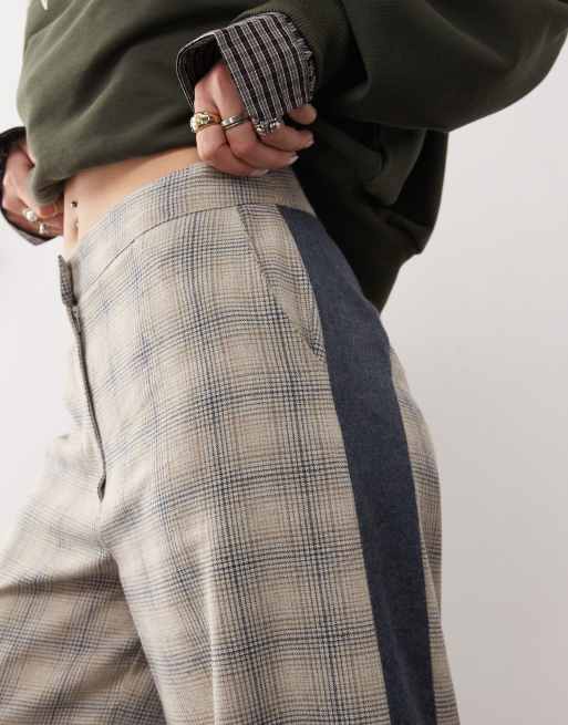 Reclaimed Vintage wide leg tailored trouser with contrast panels in neutral check, 3 of 5