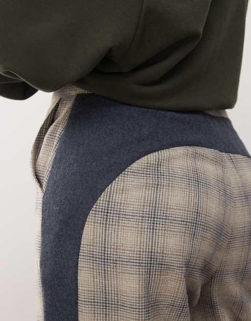 Reclaimed Vintage wide leg tailored trouser with contrast panels in neutral check, 5 of 5