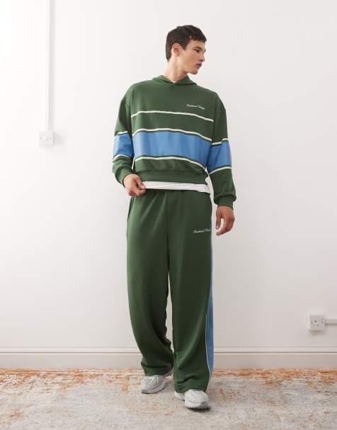 Reclaimed Vintage wide leg trackies with contrast side panel in green (Part of a set) - view 1