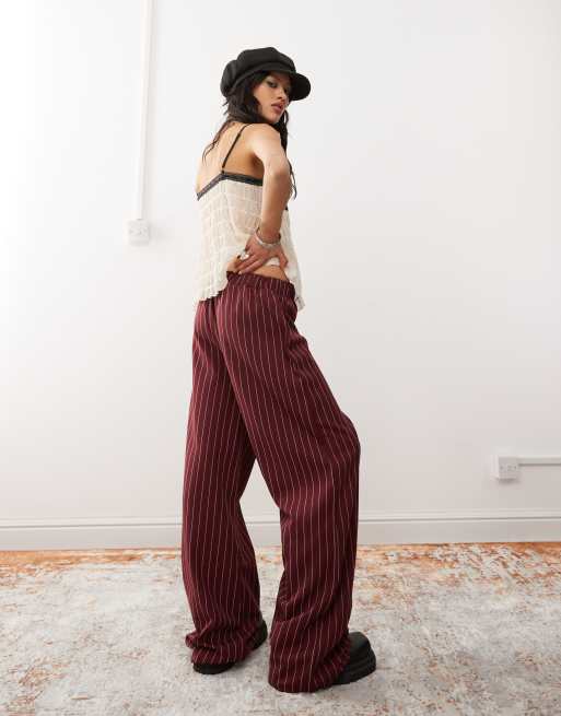 Reclaimed Vintage wide leg pants in burgundy pinstripe