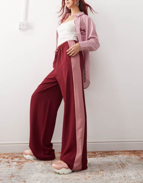 Reclaimed Vintage wide leg trouser with side contrast panel in burgundy - view 1