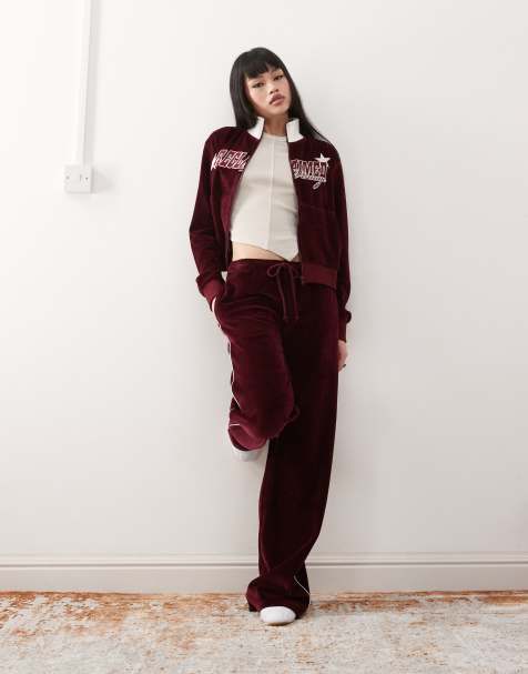 Reclaimed Vintage wide leg velour trackies in burgundy - view 1
