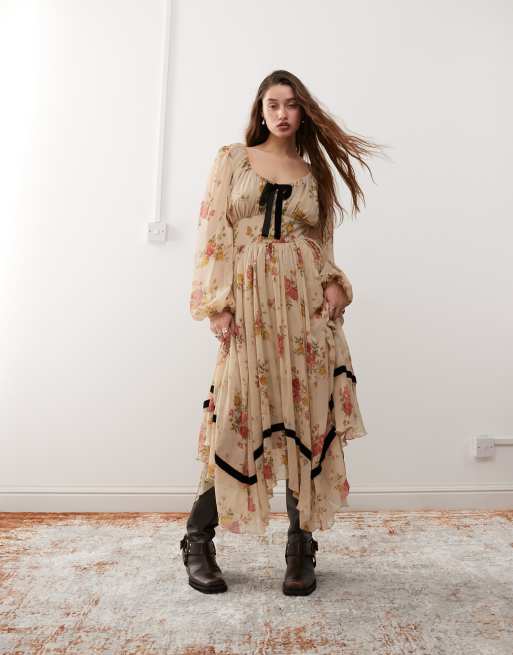 Reclaimed Vintage Winter Maxi jurk met lange mouwen in bloemenprint