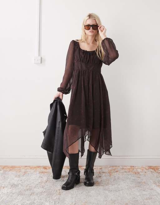 Reclaimed Vintage winter maxi prairie dress in burgundy red paisley print