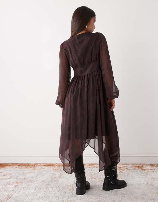 princess polly baby blue dress Reclaimed Vintage winter prairie midi dress with asymmetric hem in burgundy  red paisley print