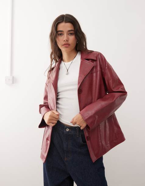 Reclaimed Vintage boxy fit leather look blazer in cherry red