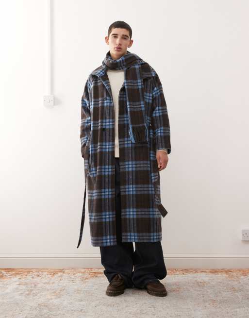 Reclaimed Vintage wool look check maxi duster coat with chunky funnel neck and matching scarf in blue and brown