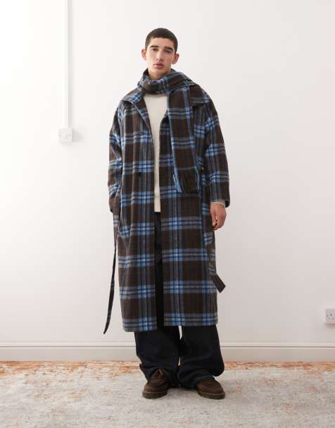 Reclaimed Vintage wool look maxi duster coat with funnel neck and matching scarf in blue and brown plaid - view 1