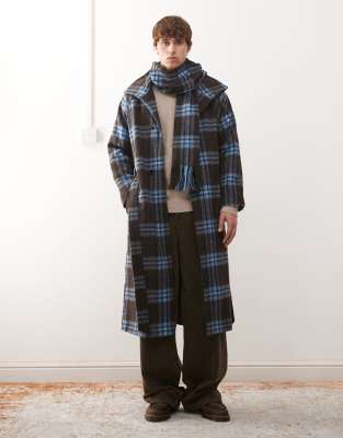 Reclaimed Vintage Wool Look Plaid Maxi Duster Coat With Chunky Funnel Neck And Matching Scarf In Blue