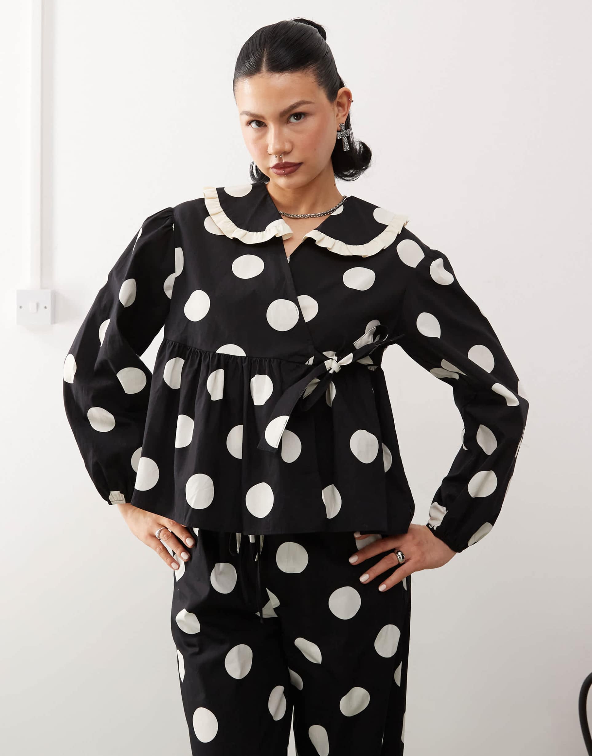 reclaimed vintage wrap around blouse with collar in polka dot print - part of a set