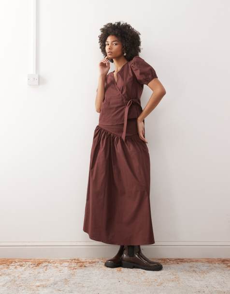 Reclaimed Vintage wrap blouse co-ord in brown - view 1
