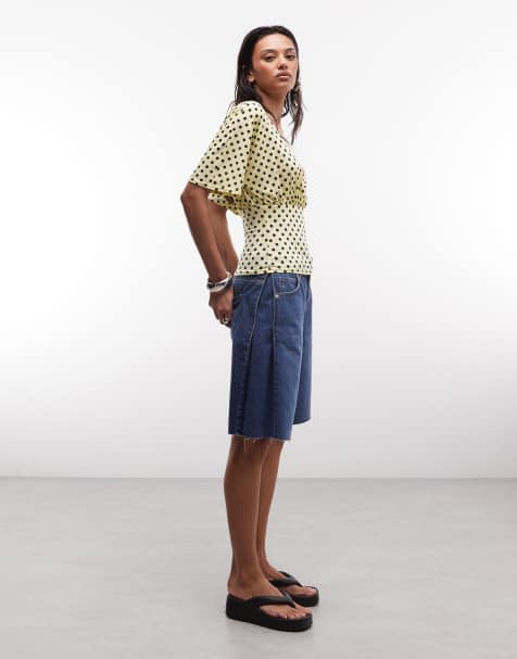 Reclaimed Vintage wrap cinch waist top in micro polka dot in yellow - view 1