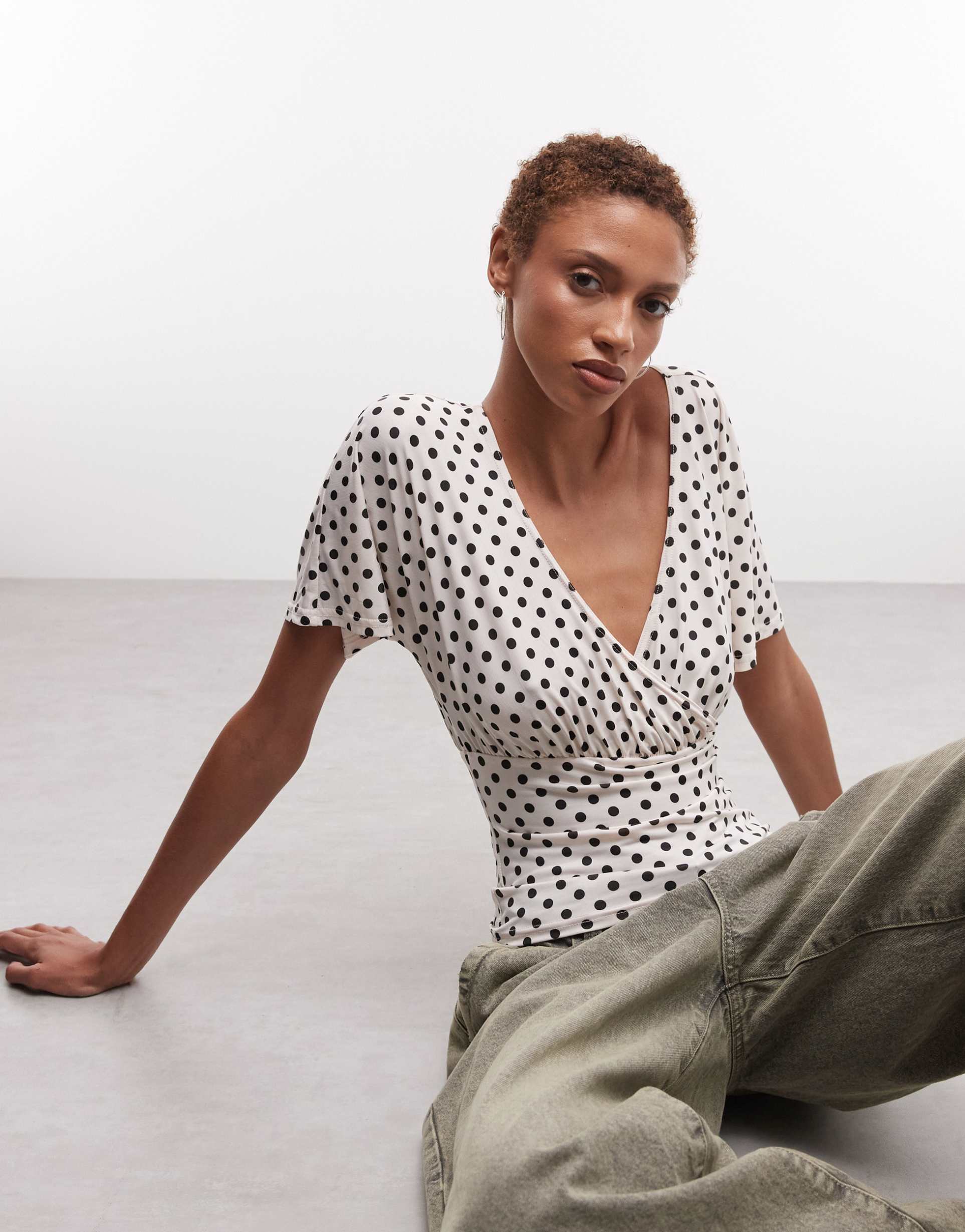 reclaimed vintage wrap cinch waist top in micro polka dot