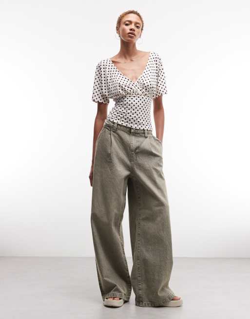 Reclaimed Vintage wrap cinch waist top in micro polka dot, 2 of 4