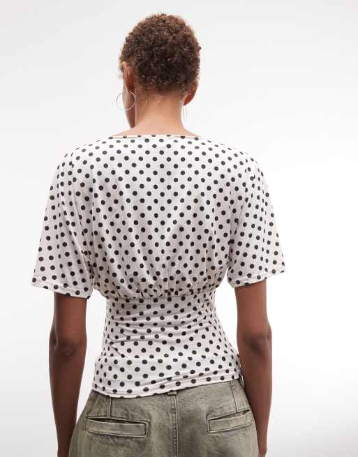 Reclaimed Vintage wrap cinch waist top in micro polka dot, 4 of 4