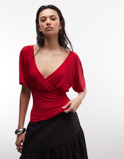 Reclaimed Vintage wrap cinch waist top in red