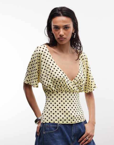 Reclaimed Vintage wrap cinched waist top in micro polka dot in yellow - view 1