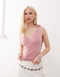[Reclaimed Vintage] Reclaimed Vintage wrap front singlet with bow shoulder in rose pink XS Rose pink