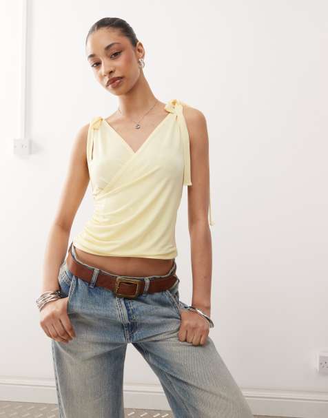 Reclaimed Vintage wrap front tank top with bow shoulder in buttermilk yellow - view 1