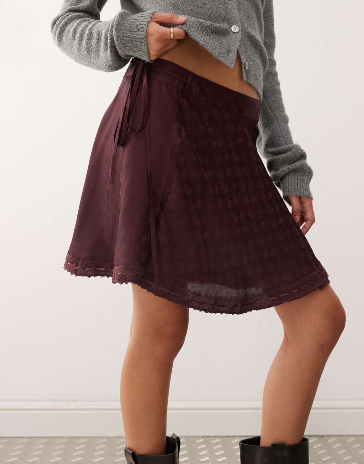 Reclaimed Vintage wrap mini skirt in purple satin jacquard