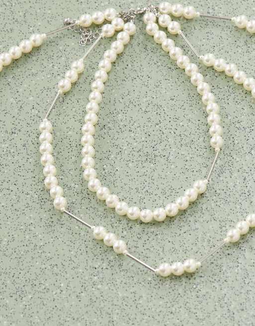 Reclaimed Vintage wraparound necklace with pearls in silver