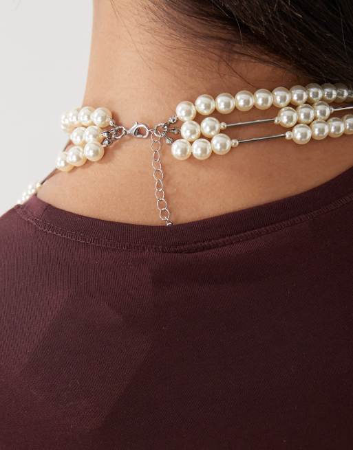 Reclaimed Vintage wraparound necklace with pearls in silver