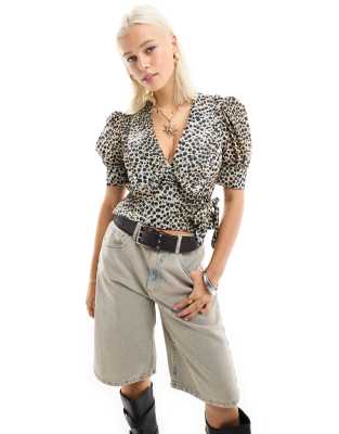 wraparound shirt with collar in animal print-Multi