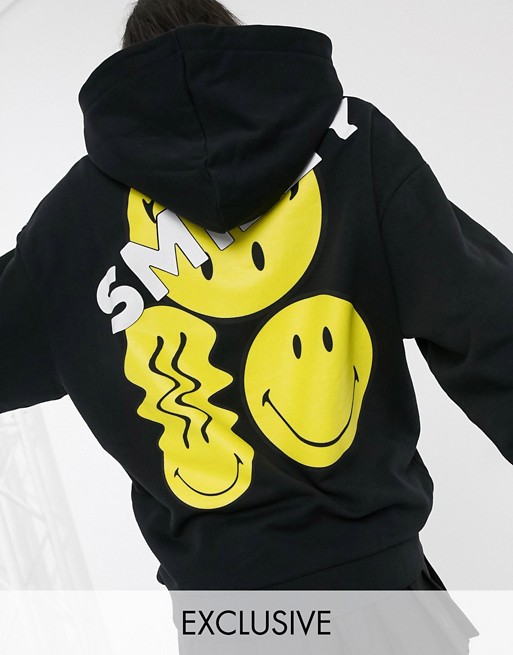 Reclaimed Vintage x Smiley unisex oversized hoodie in black with back print