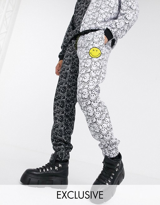 Reclaimed Vintage x Smiley unisex spliced joggers in black and white