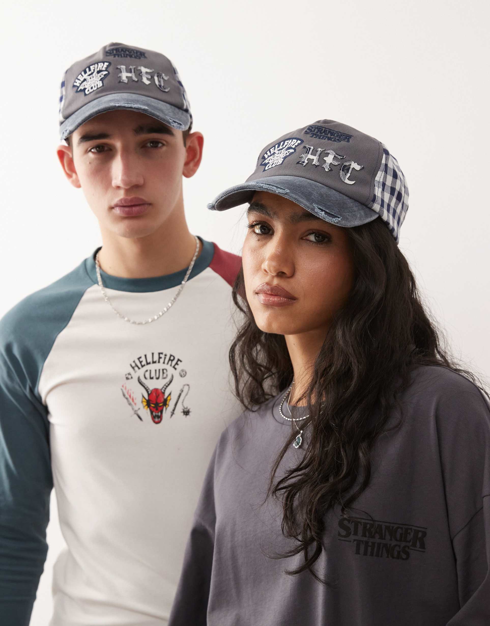 reclaimed vintage x stranger things unisex cap with contrast gingham and logos