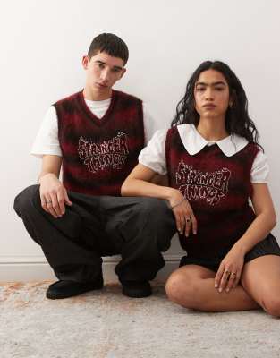 Reclaimed Vintage Reclaimed Vintage x Stranger Things unisex fluffy knit tank with embroidered logo in red and black stripe-Multi